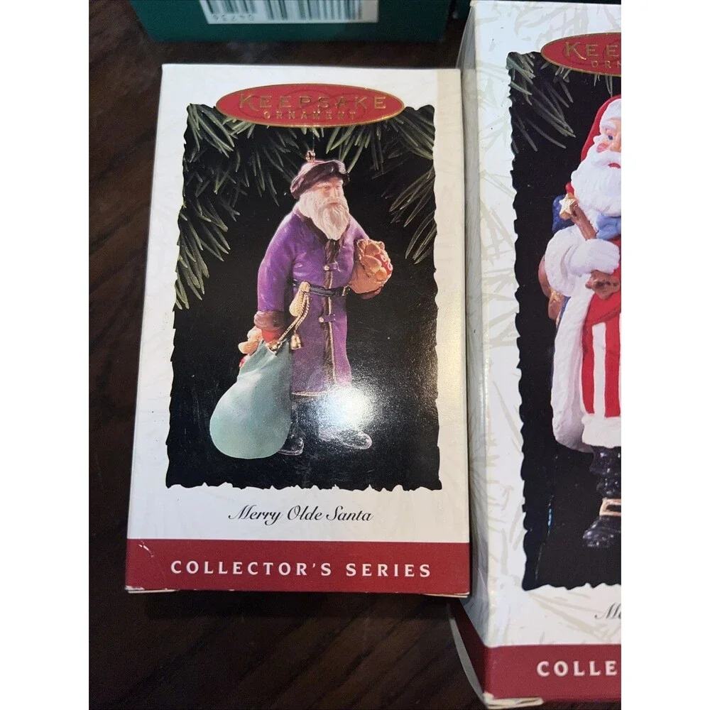 Hallmark Christmas Ornaments MERRY OLDE SANTA Complete 1-10 Set Box WITH STAND!